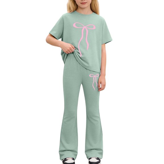 CAIVO Child Girls Summer Casual Outfit Sets Fashion Solid Color O-Neck Short Sleeve Tee And Long Pants Two Piece Toddler Kids Comfortable Daily Wear Leisure Clothes Sets