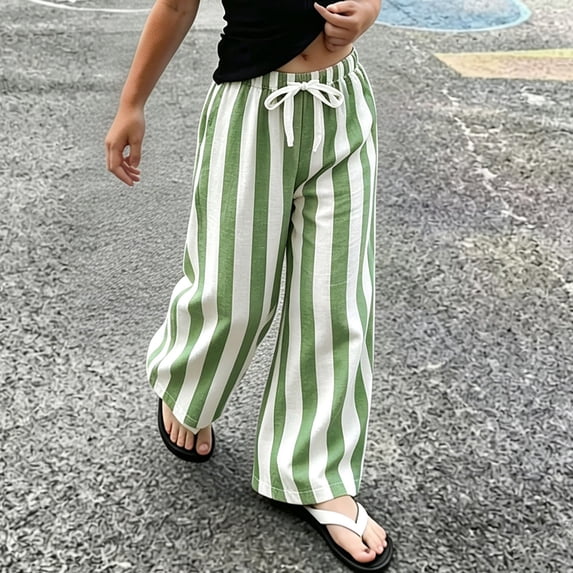CAIVO Child Girls Summer Casual Vertical Bottom Pants Flared Wide Leg Trousers Kids Breathable Lightweight Boho Solid Color Streetwear