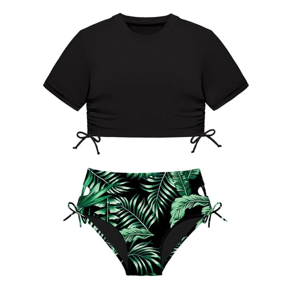 CAIVO Child Girls Two Piece Swimsuit Sets Round Neck Short Sleeve Cropped Top And High Waist Shorts Floral Print Sporty Swimwear Beach Pool Play Bathing Suit