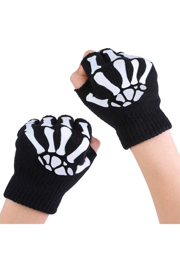 Child Gloves 2 Pairs Kids Skeleton Warm Glow in The Dark Fingerless Knitted Gloves Mitten Basic Winter Accessories