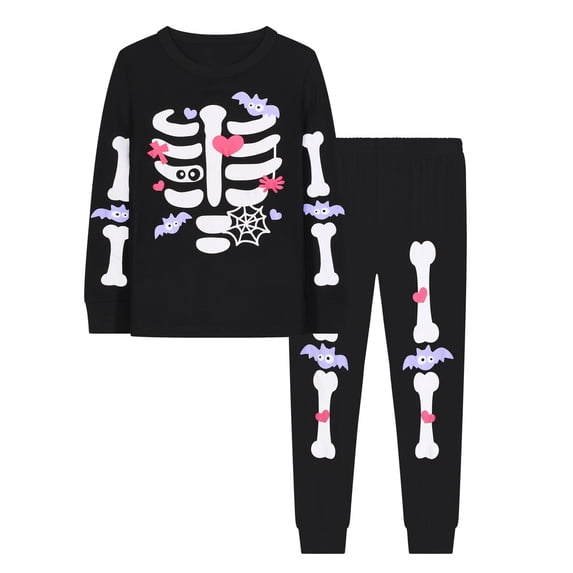 CAIVO Child Halloween Glow In The Dark Print Boys 2 Piece Pajama Set With Crewneck Long Sleeve Tops And Full Length Pants For Home Wear
