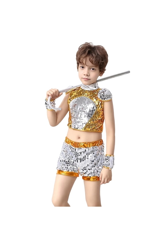Child Kids Performance Sparkling Stage Outfit Sets Girls Boys Dance Recital Glamour Show Wear With Shimmering Glitter Design Lovely Clothes Sets