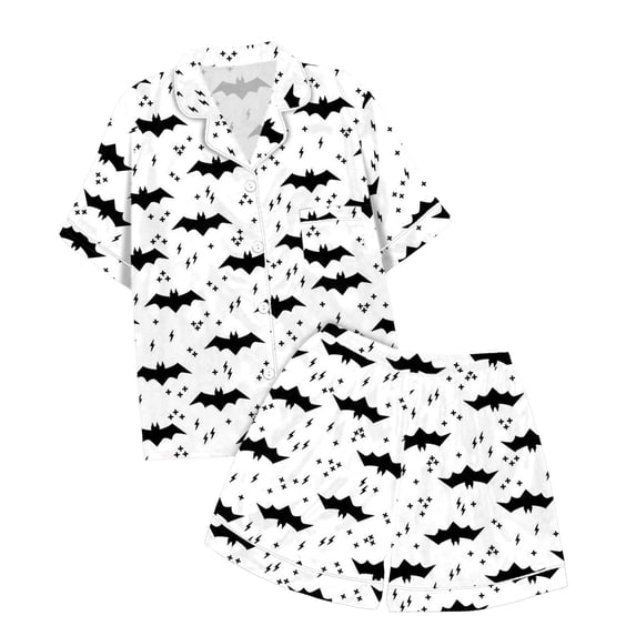 CAIVO Children 2 Piece Pajama Sets Halloween Printed Button Down Lapel Collar Short Sleeve Shirts Tops Shorts Homewear
