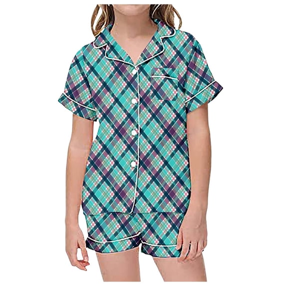 CAIVO Children 2 Piece Pajama Sets With Plaid Printed Lapel Short Sleeve Button Down Shirt With Shorts Loungewear