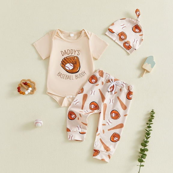 CAIVO Children Boys Baseball Print Boys Romper Outfit Sets With Short Sleeve Tops Long Pants And Matching Hat Three Piece Summer Play Comfort Clothes Sets