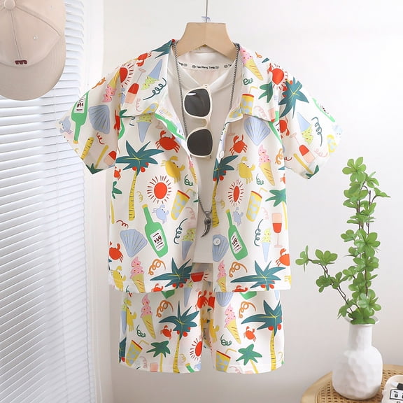 CAIVO Children Boys Summer Casual Lapel Shirt And Shorts Breathable Outfit Sets For Lightweight Comfortable Classic Clothes Sets