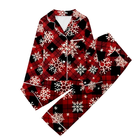CAIVO Children Christmas Printed Button Down Lapel Long Sleeve Tops And Pants 2 Piece Pajama Sets Pyjamas