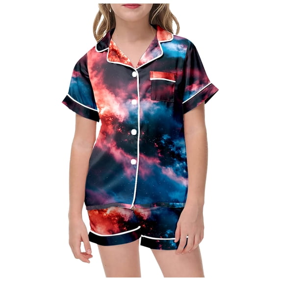 CAIVO Children Fashion Star Themed Printed Button Down Lapel Short Sleeved Tops Shorts 2 Piece Pajama Sets Nightwear