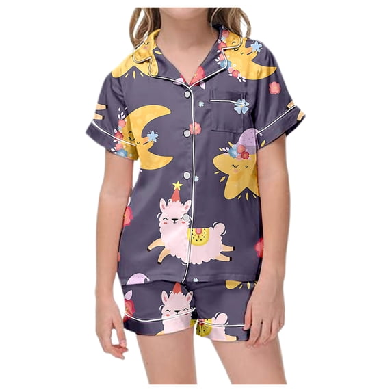 CAIVO Children Girls Cartoon Printed 2 Piece Pajama Sets Lapel Short Sleeve Button Down Shirt With Shorts Home Pjs