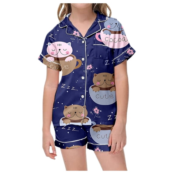 CAIVO Children Girls Cartoon Printed 2 Piece Pajama Sets Lapel Short Sleeve Button Down Shirt With Shorts Home Sleepwear
