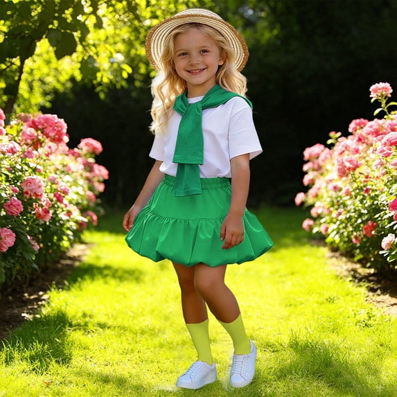 CAIVO Children Girls Performance Outfit Sets Cheerleader Dance Short Sleeve O-Neck T-Shirts With Skirts For Kindergarten Graduation Stage Show Trendy Clothing Sets