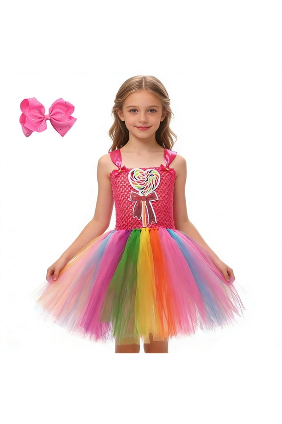 Children Lollipop Candy Tutu Dress For Girls Party Performance Tutu Outfit Sets With Sleeves Boho Clothes Sets