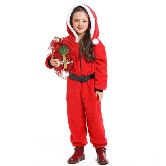 CAIVO Children Long Sleeve Christmas Red Hooded Christmas Jumpsuit Sets Relaxed Fit Toddler Daily Wear