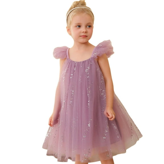 CAIVO Children Mesh Dress O-Neck Solid Color Fly Sleeve Stylish Little Girl Princess Dress Leisure Toddler Daily Wear