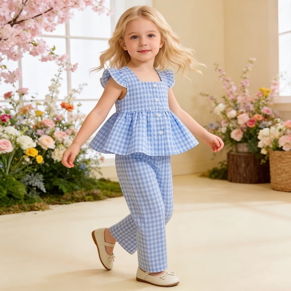 CAIVO Children Outfit Sets Boys Girls Summer Plaid Print Flutter Sleeve Cardigan And Casual Outing Pants Two Piece Relaxed Fit Clothes Sets