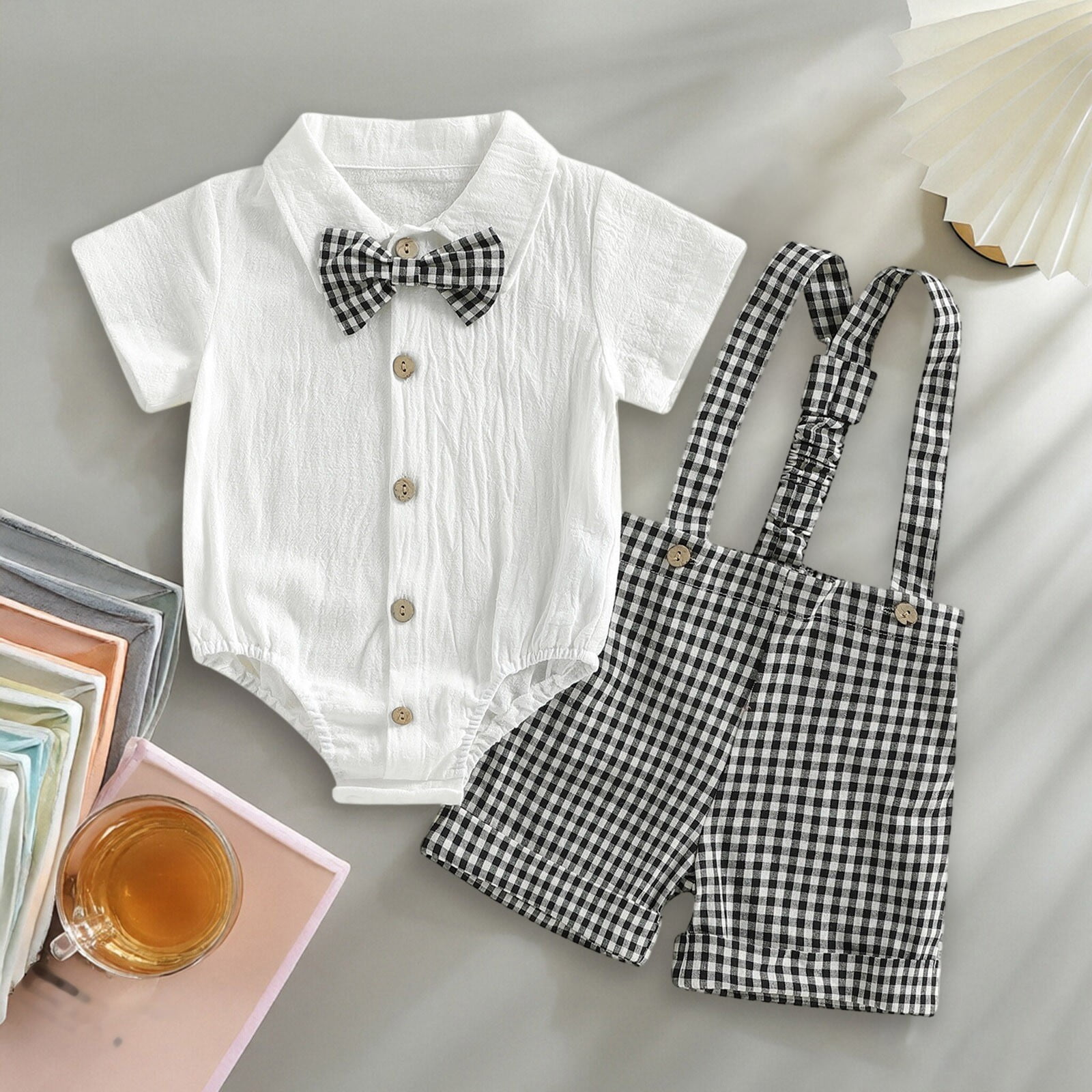 CAIVO Children Outfit Sets Boys Summer Linen Short Sleeve Lapel Romper ...