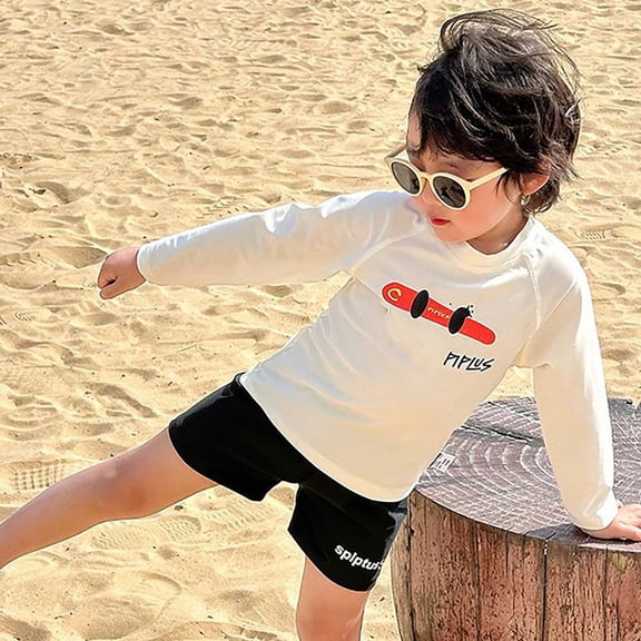 CAIVO Children Outfit Sets Boys Swimwear Long Sleeve Sun Two Piece Swimsuits With Print For Toddler Kids Beach Swimming Lovely Clothing Sets