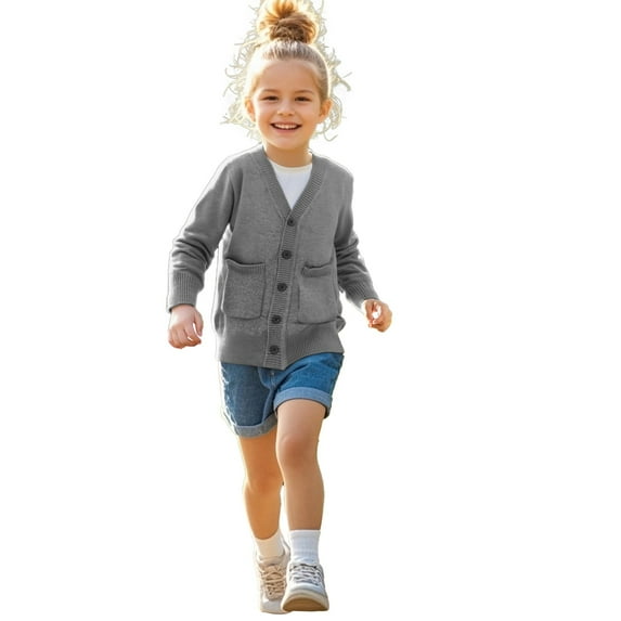 CAIVO Classic Solid Color Button Front Cardigan Sweater Long Sleeve O-Neck Knitwear Girls With Pockets Comfortable Knit Open Front Coats Kids Breathable Child Clothing