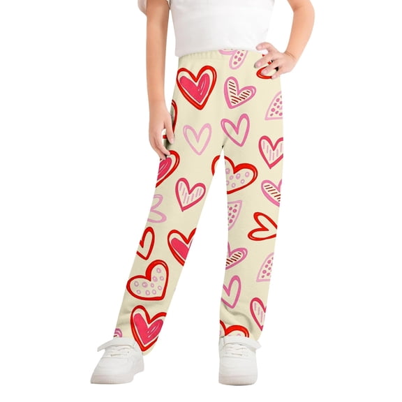 CAIVO Cozy Flannel Long Pants Love Heart Printed Leisure Bottoms For Girls Soft Warm Sleep For Cold Nights Holiday Comfortable Kids Boho Xmas Trousers
