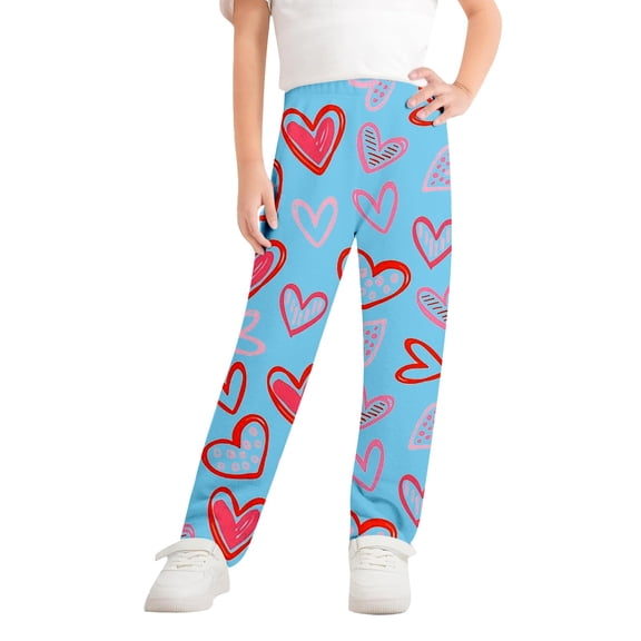 CAIVO Cozy Flannel Long Pants Love Heart Printed Leisure Bottoms For Girls Soft Warm Sleep For Cold Nights Holiday Comfortable Kids Cute Xmas Trousers