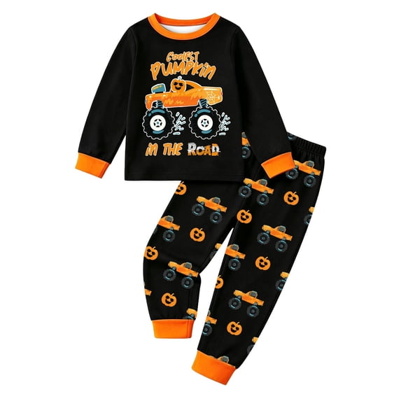 CAIVO Cozy Halloween Pumpkin Truck Cartoon Print Girls Sleepwear O-Neck Long Sleeve Tops & Pants Halloween Themed 2 Piece Pajama Sets For Kids