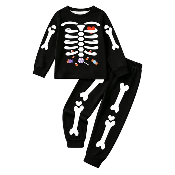 CAIVO Girls Boys Halloween Pajama Set O-Neck Long Sleeve Tops With Matching Pants Cartoon Skeleton Print Cozy 2 Piece Sleepwear For Autumn Winter Kids Pjs