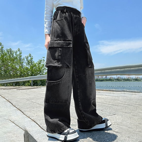 CAIVO Girls Casual Denim Pants Straight Leg Trousers For Big Kids And Tweens Regular Fit Wide Leg Jeans For Everyday School Wear Comfortable Blend Winter Autumn Fashion Cozy Slacks