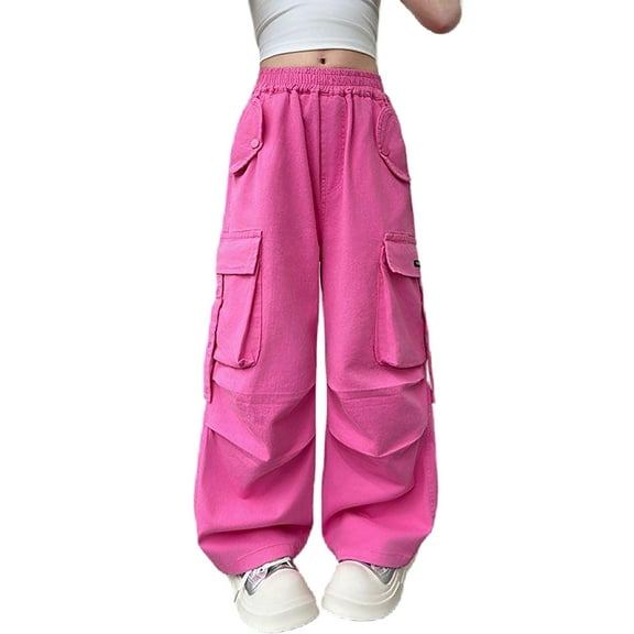 CAIVO Girls Casual Pants Loose Fit Stretchy Waist Pocket Cargo Jogger Pants Slacks Trousers For Everyday School Outdoor Play Comfortable Denim Elastic Waistband Stylish Toddler Child Daily Wear
