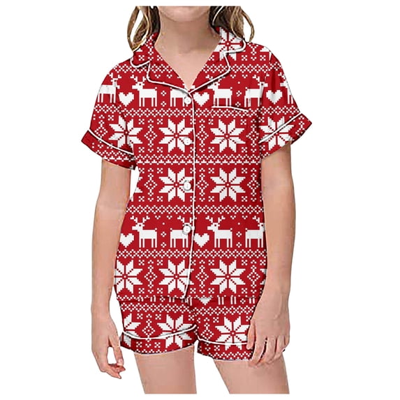 CAIVO Girls Christmas Printed 2 Piece Pajama Sets Lapel Short Sleeve Button Down Shirt With Shorts Children Kids Homewear Pjs