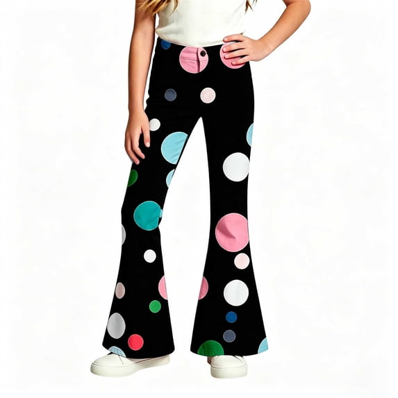 CAIVO Girls Colorful Polka Dot Flared Leg Casual Pants Kids High Waist Stretch Bell Bottom Trousers with Pockets Daily Street Holiday Bottoms