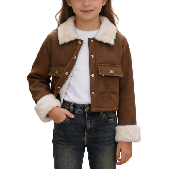 CAIVO Girls Cropped Suede Jacket Collar Cuff Warm Button Front Flap Pockets Long Sleeve Kids Lined Outerwear Fall Winter Coats Vacation Dailywear