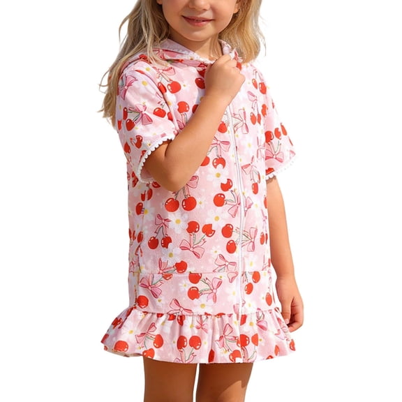 CAIVO Girls Cute Printed Girls Swim Sun Protective Detachable Hooded Cover Up Swimsuit Skirt For Kids Beach Pool Trendy Summer Swimwear