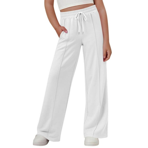 CAIVO Girls Elastic Waist Wide Leg Pants Straight Leg Casual Trousers Kids Youth Summer Fashion Pure Color Long Bottoms Cozy Slacks