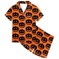 thumbnail image 1 of CAIVO Girls Halloween 2 Piece Pajama Sets Cute Pumpkin Bat Print Lapel Short Sleeve Button Down Shirt With Shorts Sleepwear For Kids Comfortable Casual Loungewear, 1 of 4