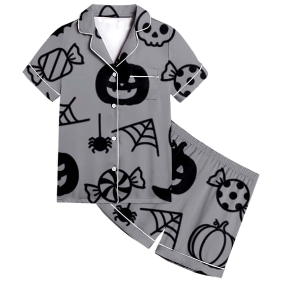 CAIVO Girls Halloween 2 Piece Pajama Sets Cute Pumpkin Bat Print Lapel Short Sleeve Button Down Shirt With Shorts Sleepwear For Kids Comfortable Casual Nightwear Pjs