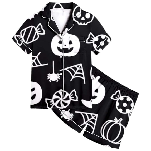 CAIVO Girls Halloween 2 Piece Pajama Sets Cute Pumpkin Bat Print Lapel Short Sleeve Button Down Shirt With Shorts Sleepwear For Kids Comfortable Casual Nightwear Pyjamas