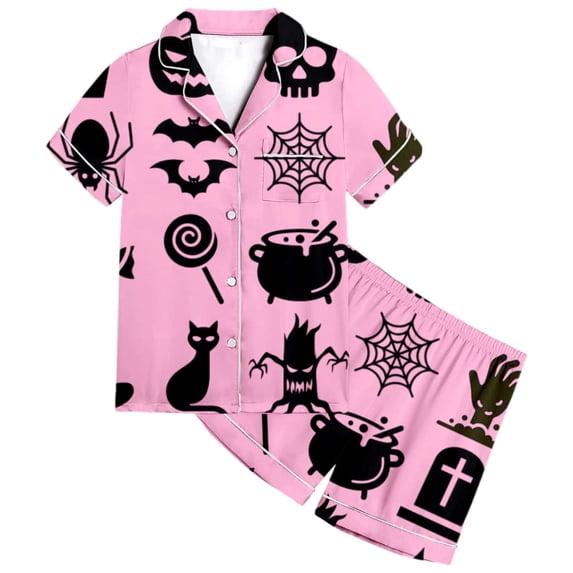 CAIVO Girls Halloween 2 Piece Pajama Sets Cute Pumpkin Bat Print Lapel Short Sleeve Button Down Shirt With Shorts Sleepwear For Kids Comfortable Casual Pjs