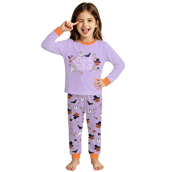 CAIVO Girls Halloween 2 Piece Pajama Sets Kids Ghost Print Long Sleeve O-Neck Tops And Pants Wear Soft Night Holiday Party Pyjamas