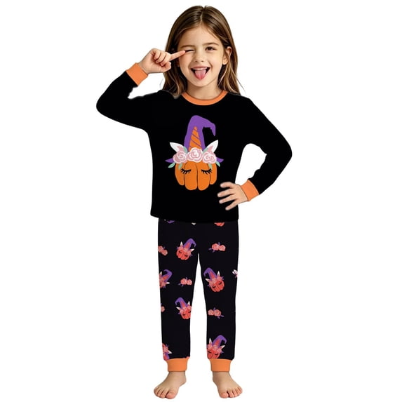 CAIVO Girls Halloween 2 Piece Pajama Sets Kids Pumpkin Print Long Sleeve O-Neck Tops And Pants Wear Soft Night Holiday Party Loungewear
