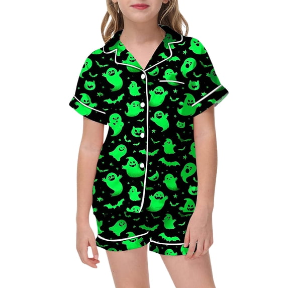 CAIVO Girls Halloween 2 Piece Pajama Sets Short Sleeve Button Down Up Tops With Shorts And Pockets Cute Comfortable Sleepwear For Kids Homewear