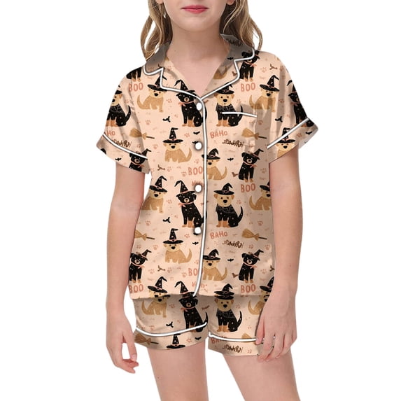 CAIVO Girls Halloween 2 Piece Pajama Sets Short Sleeve Button Down Up Tops With Shorts And Pockets Cute Comfortable Sleepwear For Kids Pyjamas