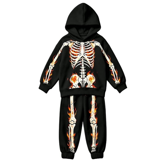 CAIVO Girls Halloween Outfit Sets Skeleton Printed Hooded Long Sleeve Sweatshirt Pants Two Piece Casual Fall Tween Pullover Tracksuit Kid Party Matching Clothing Set