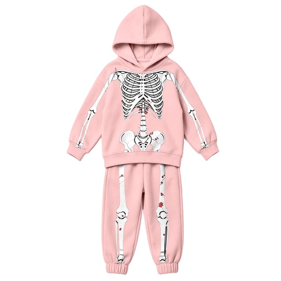 CAIVO Girls Halloween Outfit Sets Skeleton Printed Hooded Long Sleeve Sweatshirt Pants Two Piece Toddler Youth Casual Athletic Wear Clothing Set