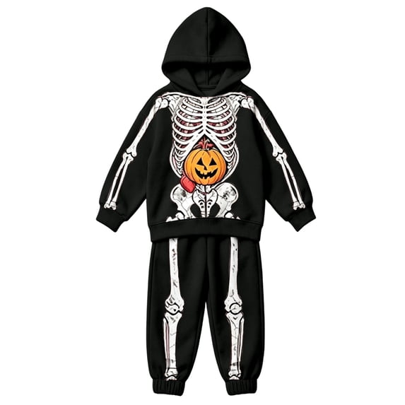 CAIVO Girls Halloween Outfit Sets Two Piece Skeleton Printed Hoodie Long Sleeve Sweatshirt With Pants Toddler Kids Fall Casual Tracksuit Clothing Set