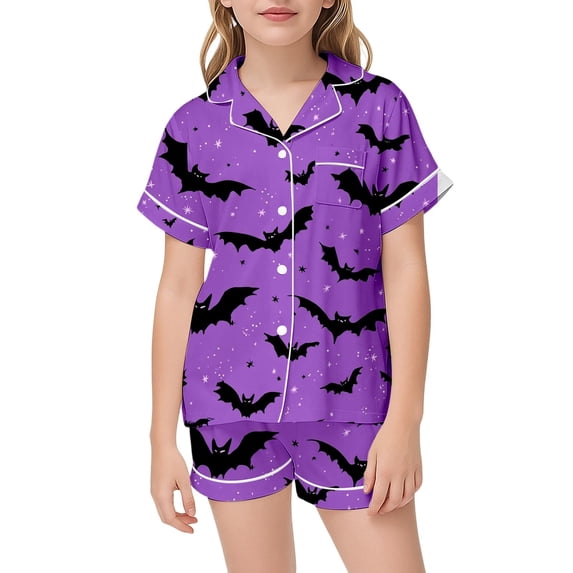 CAIVO Girls Halloween Pajama Sets Cute Bat Print Sleepwear Comfort Kids Nightwear Short Sleeve Lapel Button Down Shirts Tops With Shorts 2 Piece For And Little Girls Pjs