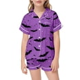 thumbnail image 1 of CAIVO Girls Halloween Pajama Sets Cute Bat Print Sleepwear Comfort Kids Nightwear Short Sleeve Lapel Button Down Shirts Tops With Shorts 2 Piece For And Little Girls Pjs, 1 of 8