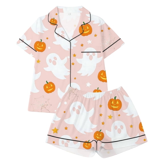 CAIVO Girls Halloween Print Pajama Sets Lapel Short Sleeve Button Down Shirt With Shorts 2 Piece Kids Nightwear Pyjamas