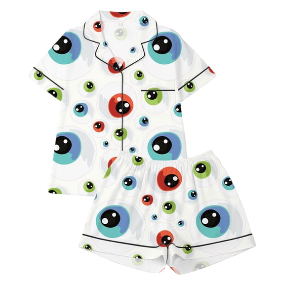 CAIVO Girls Halloween Print Pajama Sets Lapel Short Sleeve Button Down Shirt With Shorts 2 Piece Kids Nightwear Pyjamas