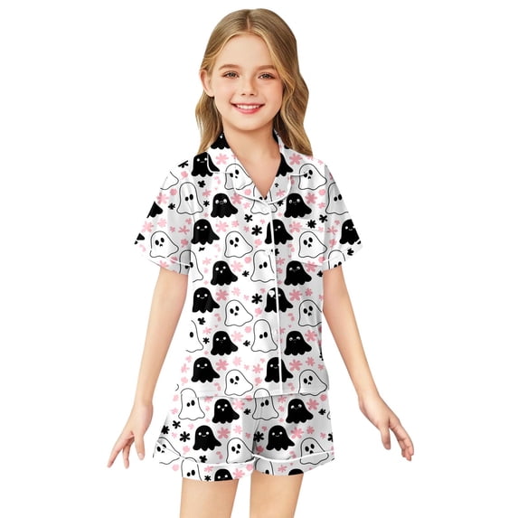CAIVO Girls Halloween Printed Imitation Silk 2 Piece Pajama Sets Lapel Short Sleeve Button Down Shirt With Shorts Pjs