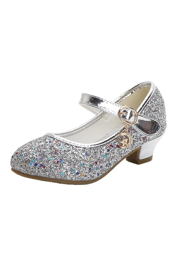 Girls High Heel Princess Style Sequins Student Dress Shoes Sparkly Dance Shoes Children School Fall Activities Breathable Kids Lightweight Solid Color Footwear